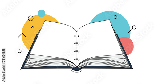 A minimalist illustration featuring an open blank book or journal with a spiral spine, accented by abstract colorful shapes, symbolizing learning and new ideas.