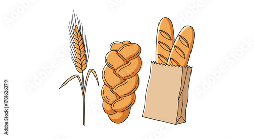 An illustration featuring a wheat stalk, a braided bread loaf, and two baguettes in a paper bag, representing various baked goods.