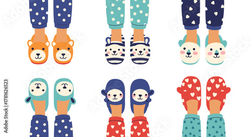 An adorable vector illustration capturing multiple pairs of feet in cozy patterned pajamas and a charming collection of cute animal slippers, embodying comfort and warmth.