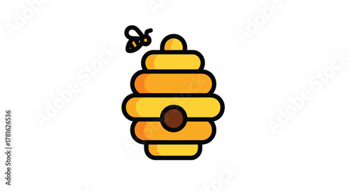 A cheerful cartoon illustration of a bee flying near a traditional yellow and orange beehive, representing nature and honey production.