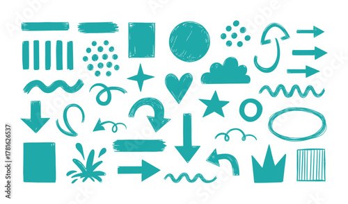 Hand drawn doodle elements set, various shapes lines dots and arrows in turquoise color for decor design 