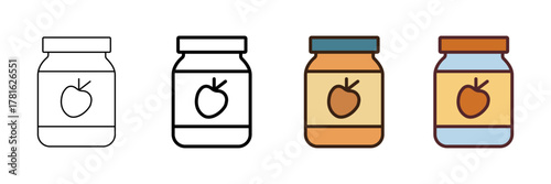 Set of minimalist apple jam icons with transparent background, depicting fruit preserves for breakfast spreads, snack packaging, store products, and kitchen graphics, vector illustration