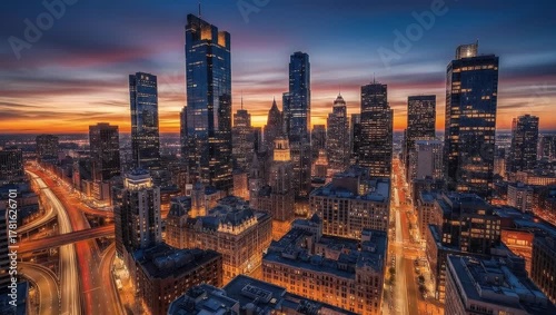 Wallpaper Mural Aerial View of Modern City Skyline at Sunset with Tall Skyscrapers and Illuminated Streets Torontodigital.ca