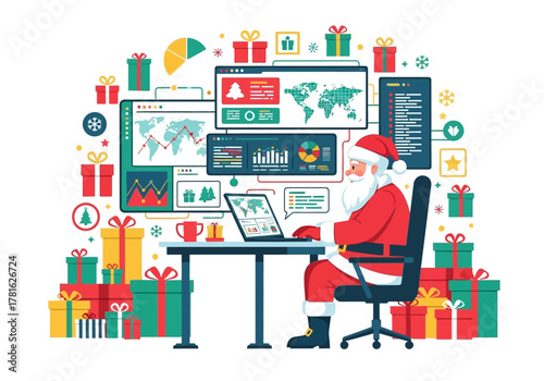 Santa Claus Working on Christmas Eve with Data Analysis.
