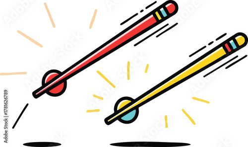 Two Colored Pointers On Gauges Indicating Speed And Performance With Radial Burst Effect Against White Background
