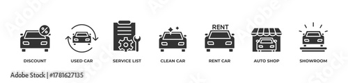 Total Car Care Icons set vector illustration glyph with Discount , Used car, Service list, Clean car, Rent car, Auto shop, Showroom