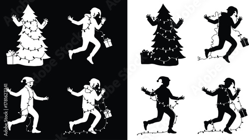 Christmas, lights, silhouette, person, tree, gift, run, walk, tangled, festive, holiday, black, icon, winter, decoration, humor, string, celebration, playful, scene