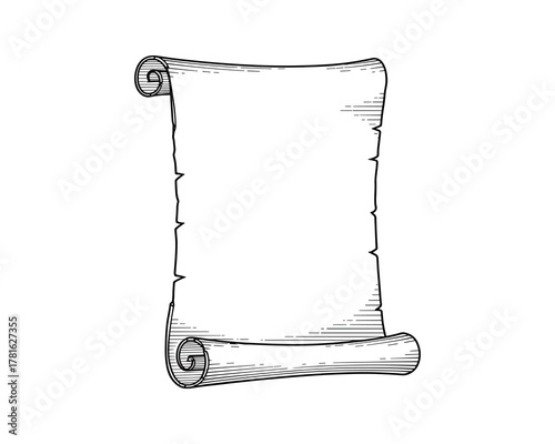 Blank ancient scroll paper with curled edges in engraved style template