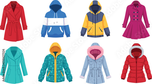 Winter coat collection, jacket fashion vector, seasonal outerwear styles, hooded and belted designs, cold weather clothing, flat vector illustration
