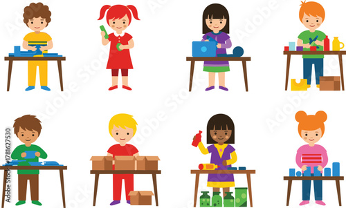 Children classroom activity, STEM learning vector, kids building and experimenting, creative education scene, hands-on tasks, flat vector illustration