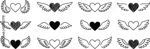 Set of twelve black and white flying heart icons with angel wings, romantic love symbol illustration, vector line art design collection