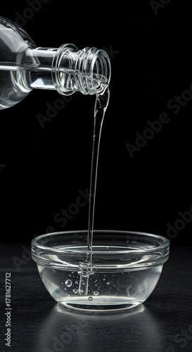 Clear, pure white distilled vinegar pouring from a bottle into a small glass bowl, ready for culinary or cleaning applications ,acetic acid ,glass bowl ,pure