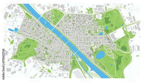 City map of a fictional urban area with parks river and roads in a top down aerial view