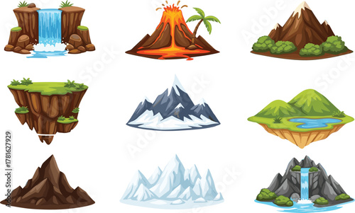 Fantasy landscape elements, cartoon mountains, volcano, waterfalls, icy peaks, floating islands, nature illustration set, adventure environment, flat vector illustration