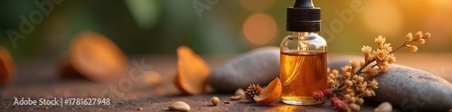 Luxurious Essential Oil Bottle with Dropper, surrounded by Dried Flowers and Stones, Warm Lighting, Tranquility, Holistic Therapy