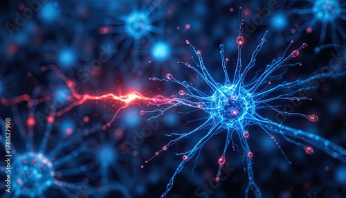 Dynamic neural network conveys advanced technology, medical research, and scientific discovery with vibrant blue and red energy, perfect for innovative concepts