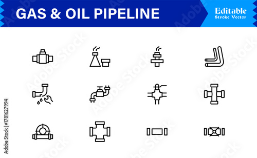 Oil And Gas Piping Components Unique Line Icon Pack Featuring Refinery Valves, Pipeline Parts, and Engineering Fittings in a Sharp, Editable Vector Style