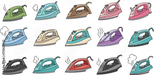 Electric iron, household appliance, steam iron, colorful, modern, cartoon, flat, vector, design, illustration, domestic, tool, laundry, heat, clothes, cleaning, device, equipment, home, graphic