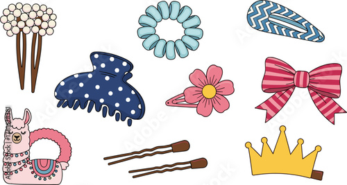 Hair accessories collection, cartoon style, scrunchie, bow, crown, hairpins, llama decor, flat vector illustration, 