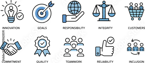 Core Values Icon Set | Outline Ethical Business Symbols | Company Principles Vector Illustration