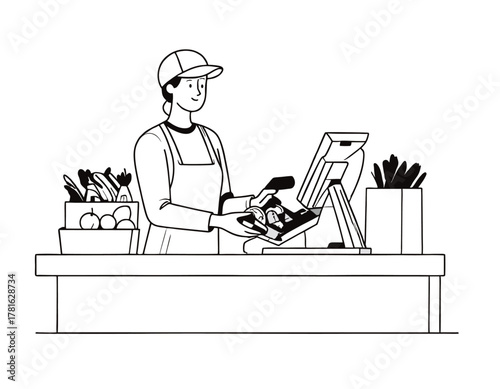 Cashier Scanning Groceries at Checkout Counter Illustration
