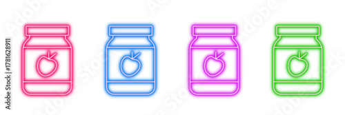Neon glowing jam jar vector icons set, fruit preserve, jelly, homemade food, sweet snack, vibrant colorful digital design illustration on transparent background.