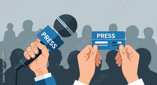 A flat design illustration depicting a microphone and a press pass, symbolizing the active media presence and reporting at the Torino Film Festival.