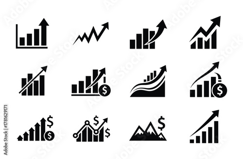 Growing graph and chart icons set, financial growth and business success symbols, vector illustration