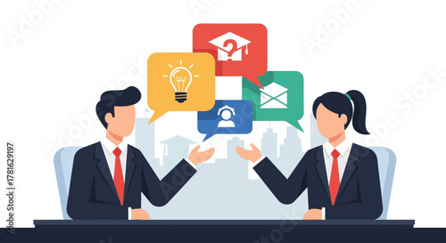 A flat design illustration portraying two minimalist figures in an animated discussion, representing film critics.