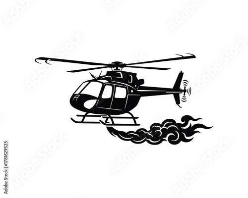 Helicopter in flight emitting smoke trail side view black and white isolated illustration
