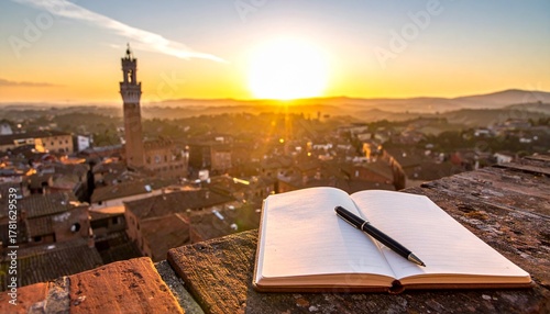 Open Notebook and Pen Overlooking the Tuscan City Skyline at Sunset (Siena)