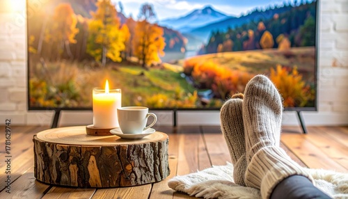 Cozy Feet in Knitted Socks Watching TV with Autumn Landscape and Coffee