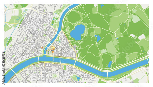 Illustrated city map with river, bridges, buildings, and large green park area with lakes and walking paths