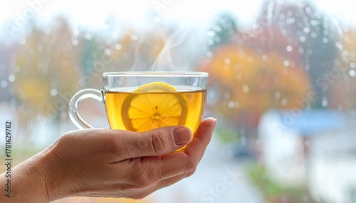 Hand Holding a Steaming Glass of Lemon Tea by a Window on a Rainy Autumn Day