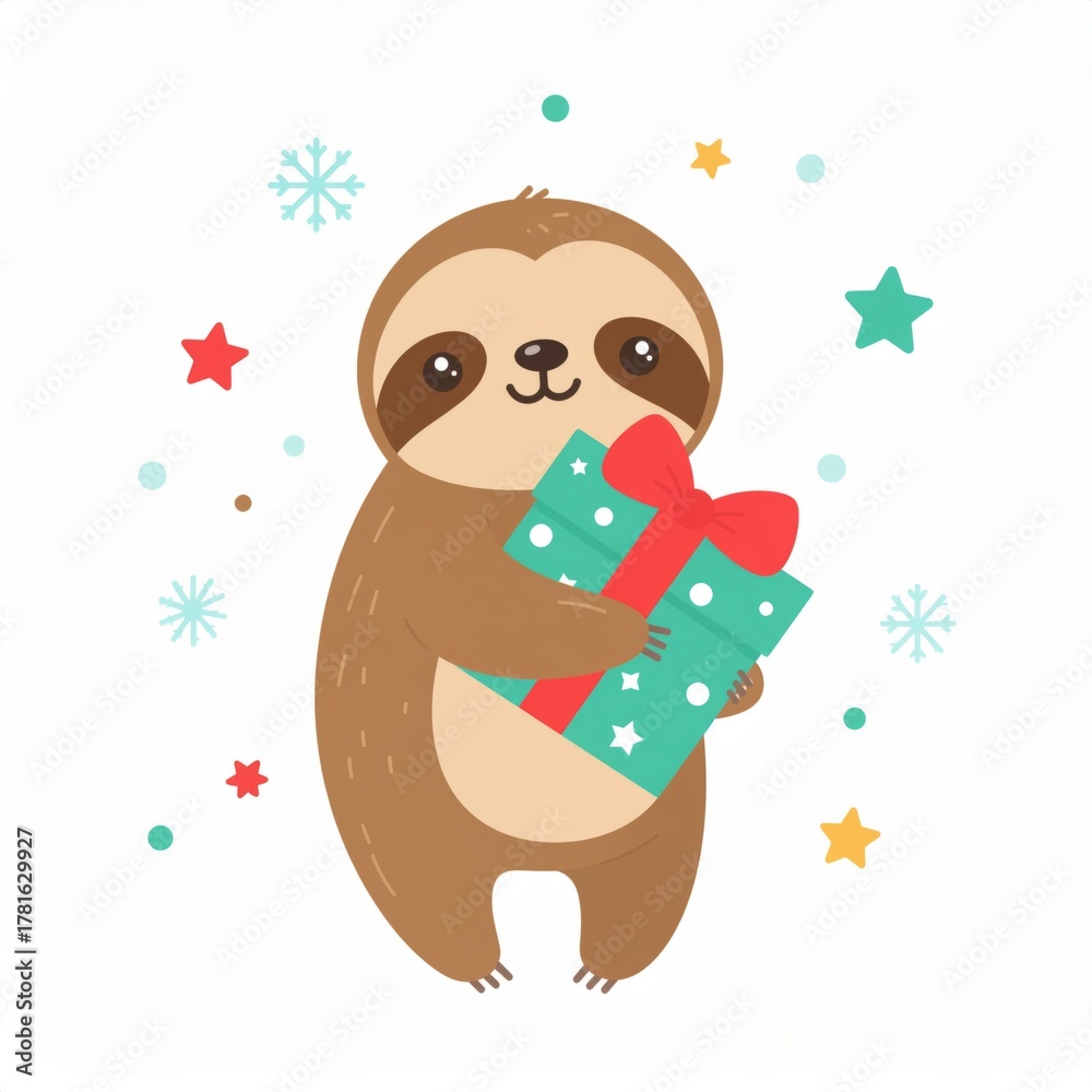 Naklejka premium Cute sloth hugging a Christmas gift box, pastel character