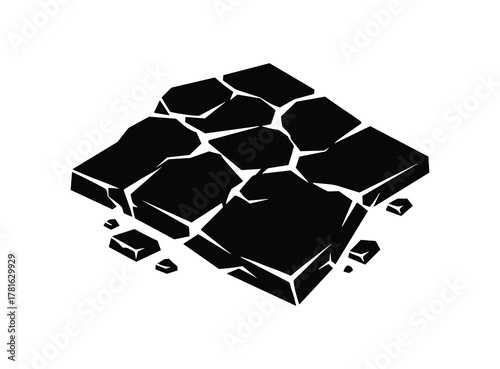 Isometric illustration of a shattered stone slab or cracked pavement, depicting destruction and broken pieces