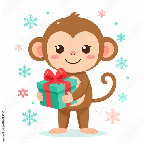 Cute monkey with a gift box, pastel Christmas character