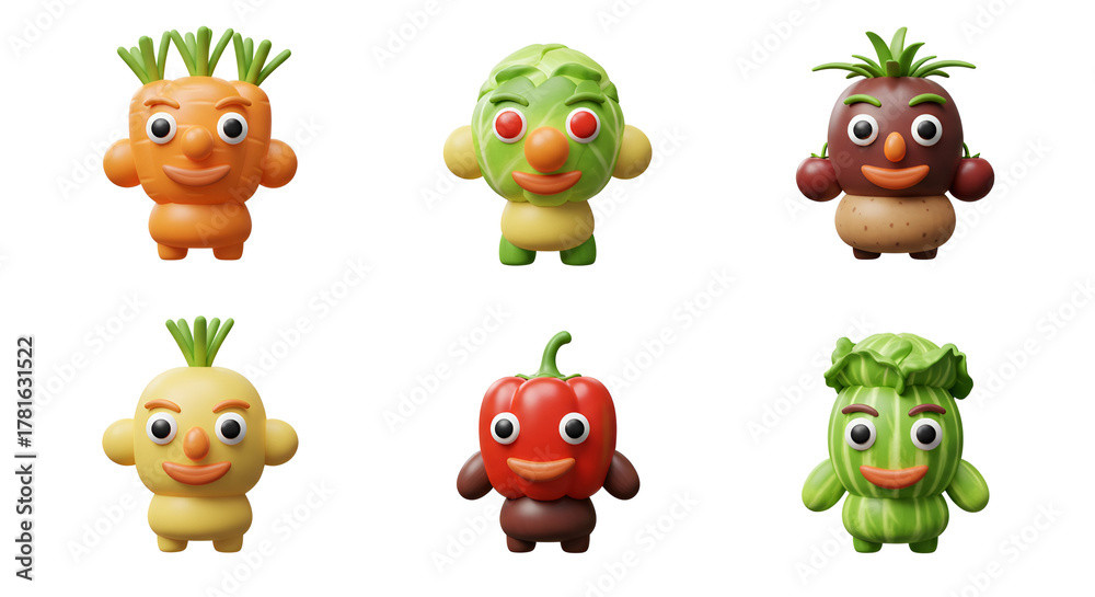 Obraz premium Cute cartoon vegetable characters collection isolated on white background.