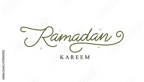 Ramadan kareem elegant green script lettering with sparkling stars on white background, traditional islamic greeting for holy month