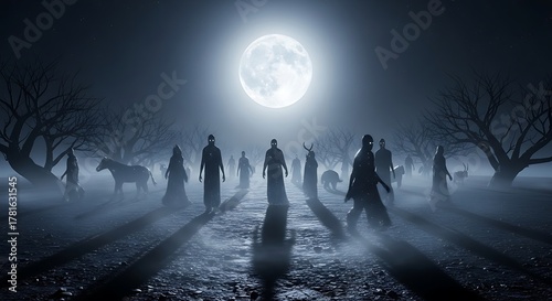 Mysterious figures walk under a full moon on a foggy night.