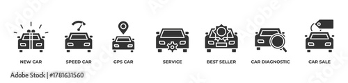 From Diagnostics to Drive Icons set vector illustration glyph with New car, Speed car. Gps car, Service, Best seller, Car diagnostic, Car sale