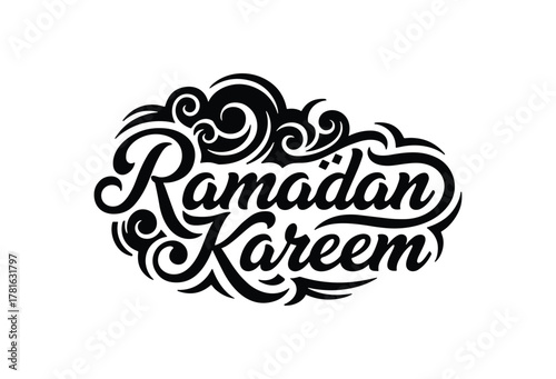Ramadan kareem ornate calligraphy with decorative swirls and clouds, black and white holiday greeting design