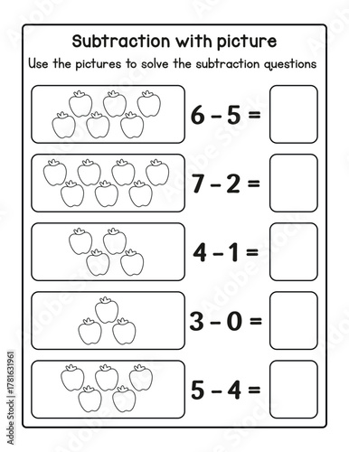 Subtraction with Pictures Worksheet | Apple Math Activity for Preschool and Kindergarten