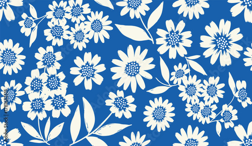 Seamless pattern with white daisy flowers and green leaves on a vibrant blue background