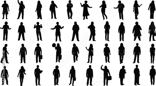 Human silhouette collection, diverse standing poses, walking and gesturing figures, casual clothing styles, people vector set, flat vector illustration