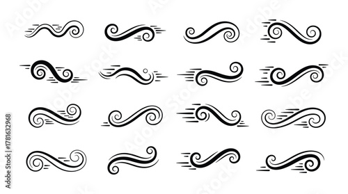 Set of black swirl motion lines collection of speed effect graphic elements for dynamic design projects