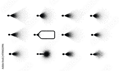 Set of black dust spray, ink splash, smoke, and air spray grunge texture, liquid design element, vector