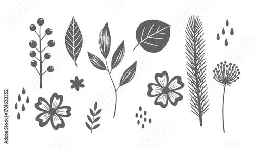 Set of flat botanical elements with berries, leaves, and flowers in grayscale on white background