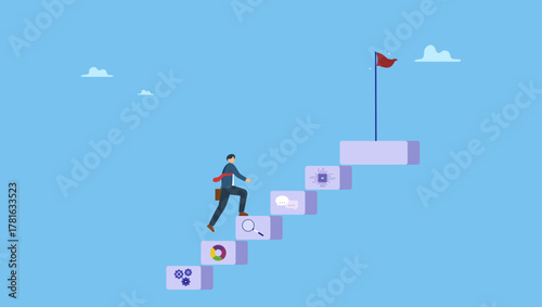 Businessman walk up new skill stair to reach career success. Upskill or reskill to improve self development for career success, learning course or develop new skill, employee growth or progress.