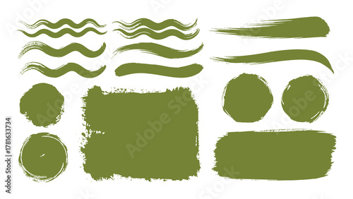 Set of green paint brush strokes, various shapes, and textured elements isolated on white background
